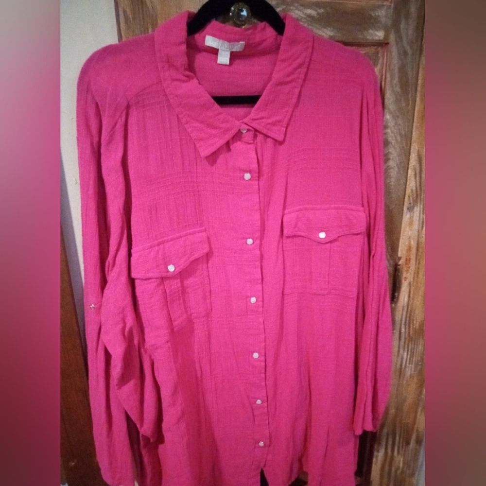 Woman Within Bright Pink Textured Blouse